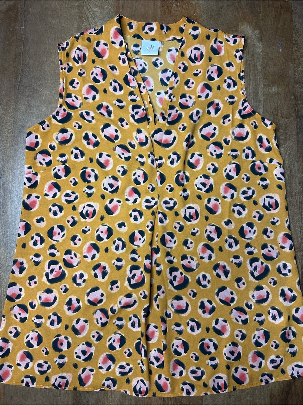 CAbi Mustard Animal Spot V-Neck Sleeveless Top